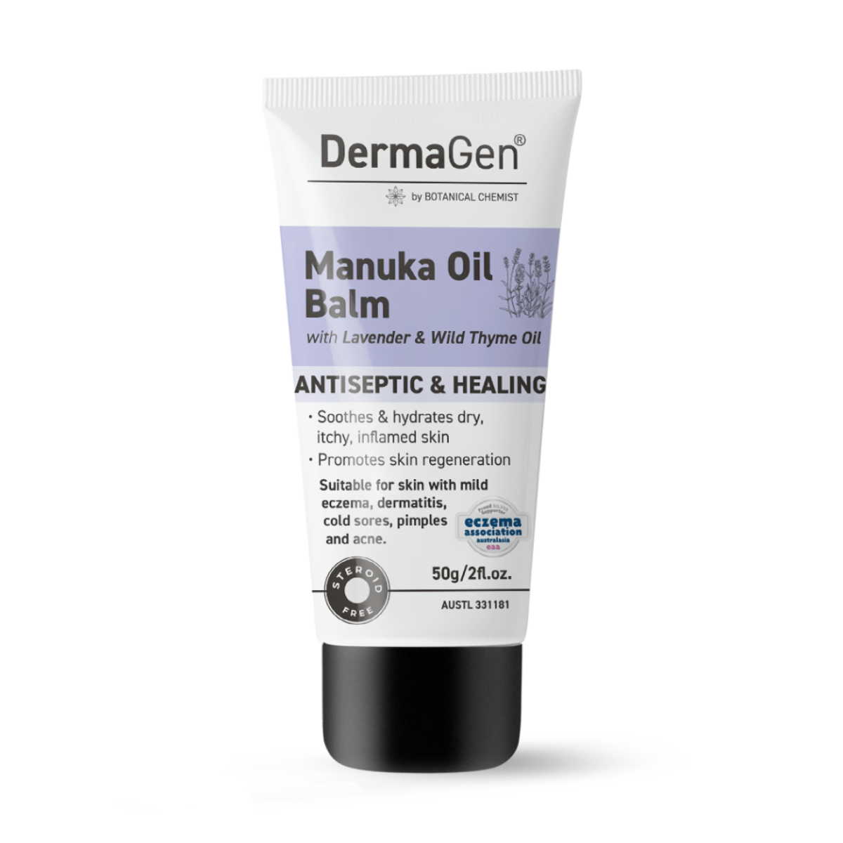 A tube of DermaGen Manuka Oil Balm with lavender and wild thyme oil, designed for skincare purposes.