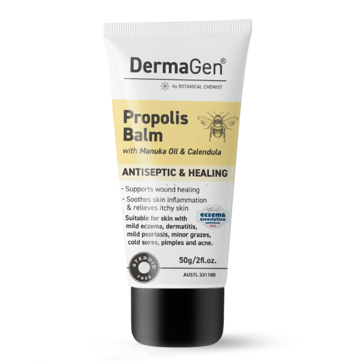 A tube of DermaGen Propolis Balm with Antiseptic, Anti-inflammatory, and Antioxidant Properties. The packaging is white with a bee image and yellow accents.