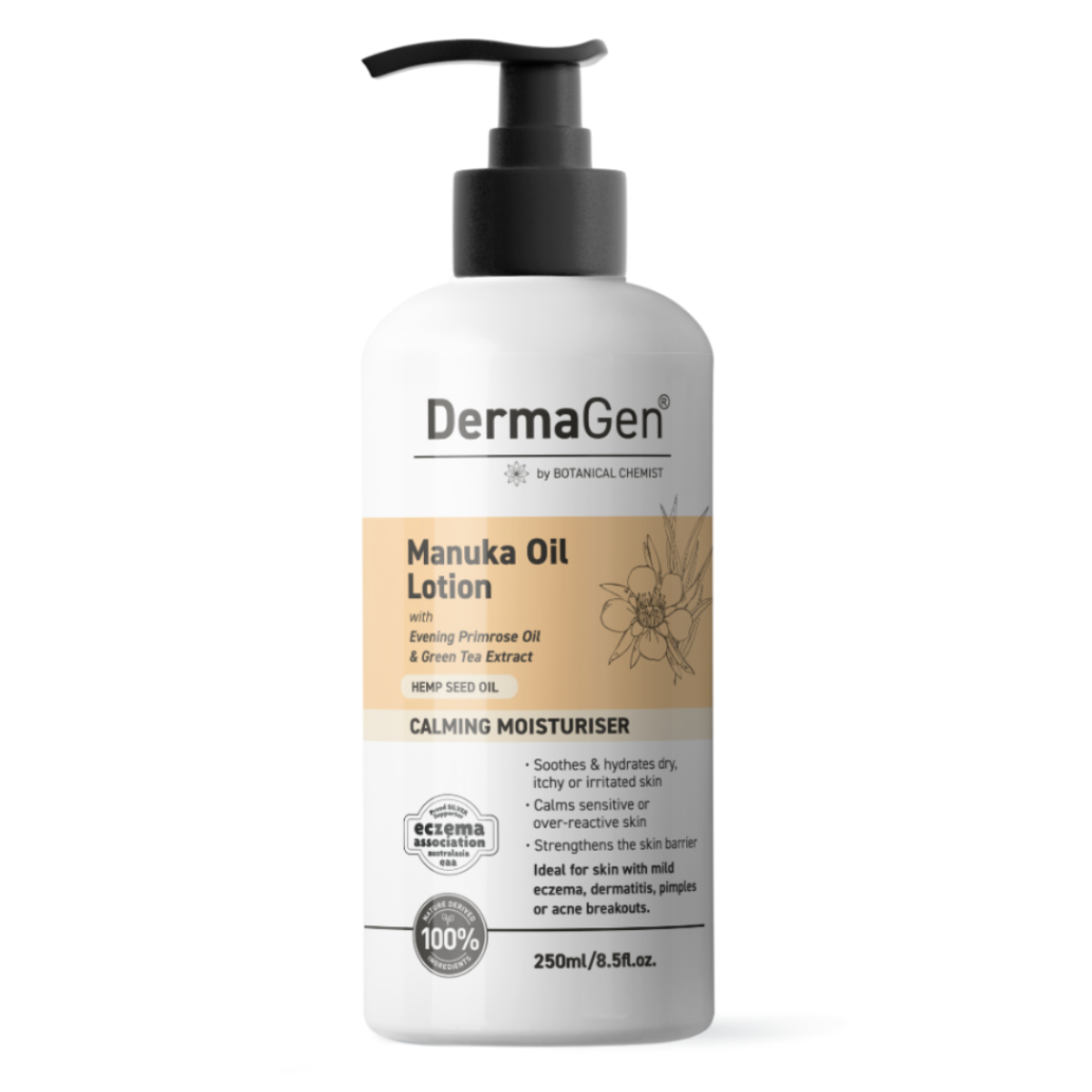 A pump bottle of DermaGen Manuka Oil Lotion, with product information and branding visible.