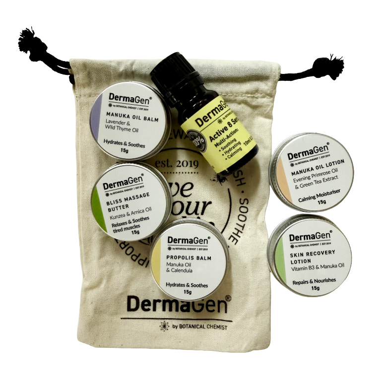 Collection of DermaGen skincare products including bottles and jars in a drawstring bag on a white background.
