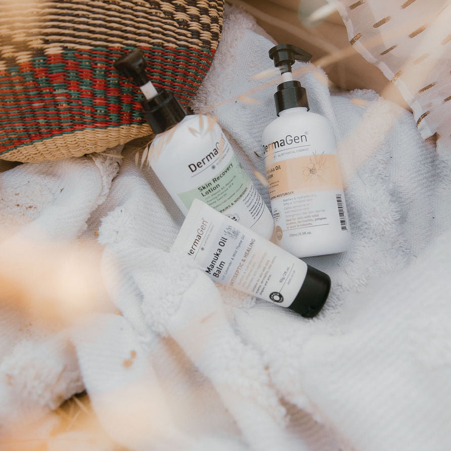 lotions and balm on white clothe