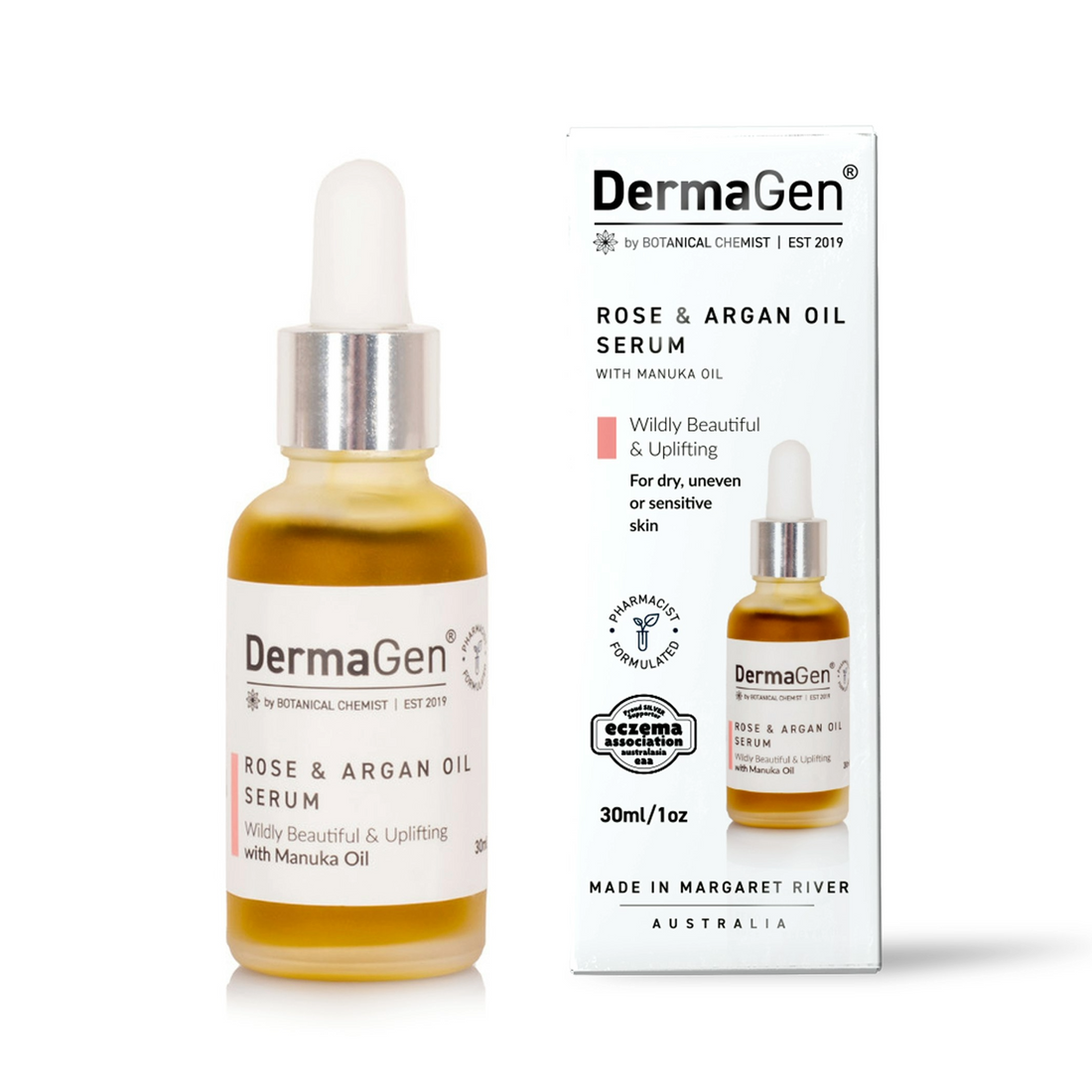 DermaGen Rose &amp; Argan Oil Serum bottle and packaging on a white background